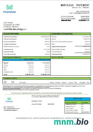 Niemcy Bank Monese wyciąg z kredytu hipotecznego szablon Word i PDF